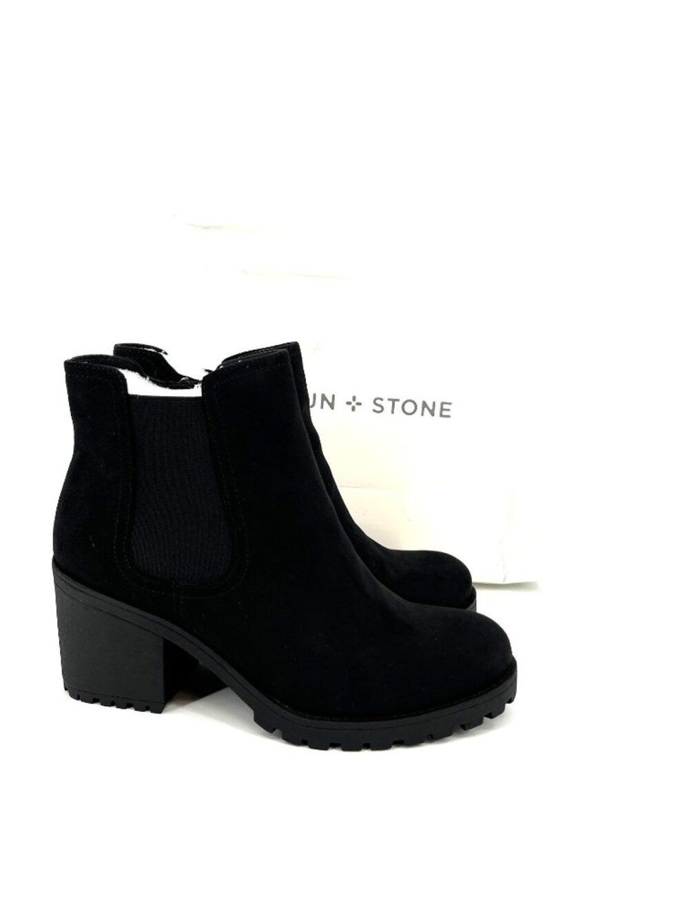Sun + Stone Morghan Ankle Boots Black Size 9M Faux Suede Block Heel Lug Sole Zip